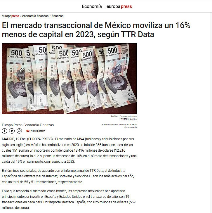 El mercado transaccional de Mxico moviliza un 16% menos de capital en 2023, segn TTR Data